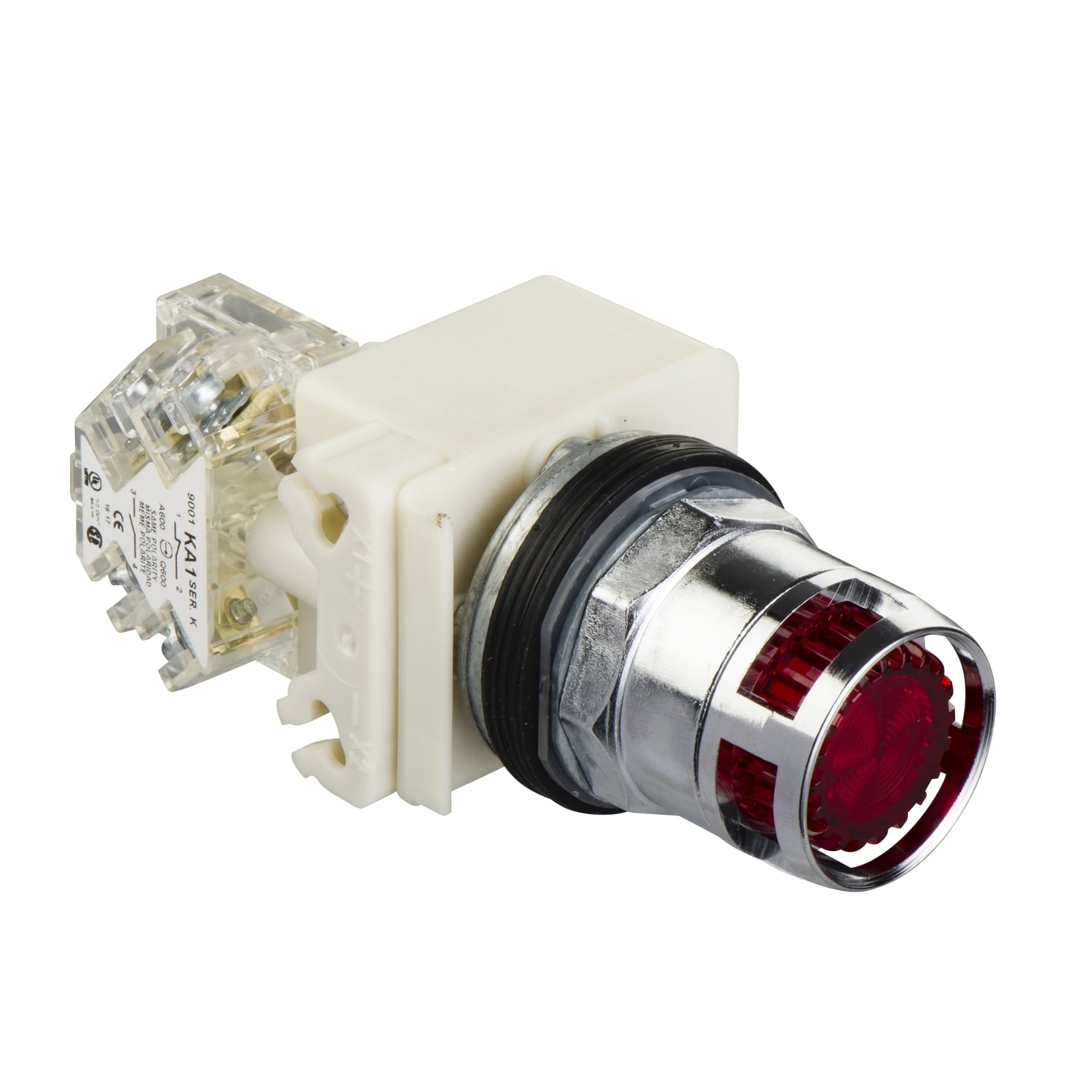9001K3L35RH13 Harmony Type K Dusttight/Oiltight/Watertight Heavy Duty Octagonal Unmarked Illuminated Pushbutton With Metallic Extended Guard and Contact Block, 30 mm, 1CO Contact, Slow Break Contact, Red