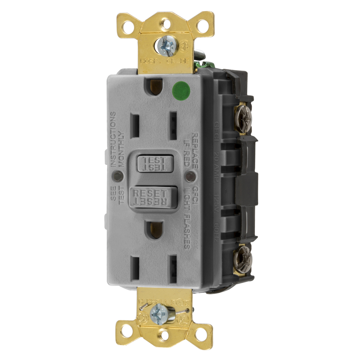 GFRST82GY 1-Phase Decorator Duplex Self-Test Standard Screw Mount GFCI Receptacle, 125 VAC, 15 A, 2 Poles, 3 Wires, Gray