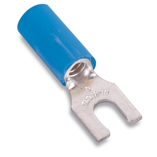 TV14-6F-XV Catamount Fork Terminal, 16 to 14 AWG Conductor, 0.866 in L, Brazed Seam/Funnel Entry/Internal Serration Barrel, Copper, Blue