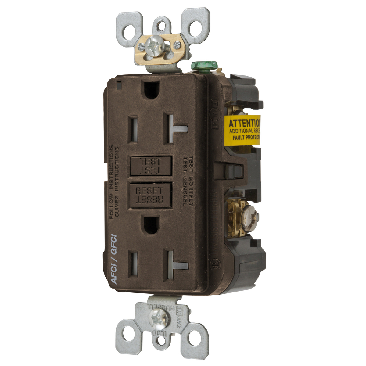 AFGF20TR Autoground Clip Tamper Resistant AFCI/GFCI Receptacle, 125 V AC, 20 A, 2 Poles, 3 Wires, Brown