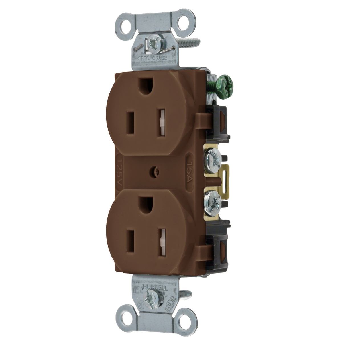 BR15TR 1-Phase Duplex Self-Grounding Standard Tamper Resistant Traditional Screw Mount Straight Blade Receptacle, 125 VAC, 15 A, 2 Poles, 3 Wires, Brown