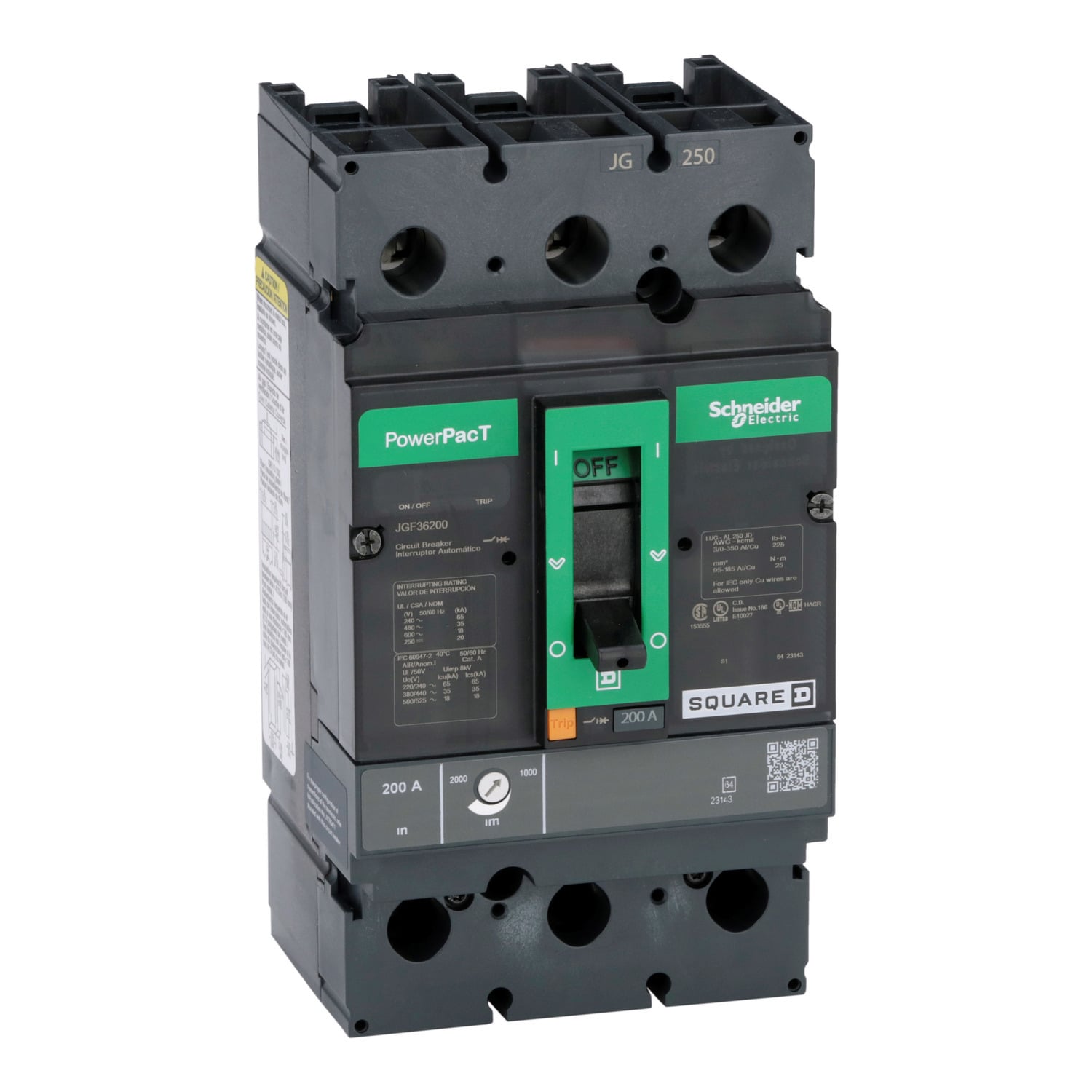JGF36200 PowerPact 80% Rated J Molded Case Circuit Breaker, 600 V AC, 200 A, 65 kA at 240 V AC/35 kA at 480 V AC/18 kA at 600 V AC/20 kA at 250/500 VDC Interrupt, 3 Poles, Thermal Magnetic Trip