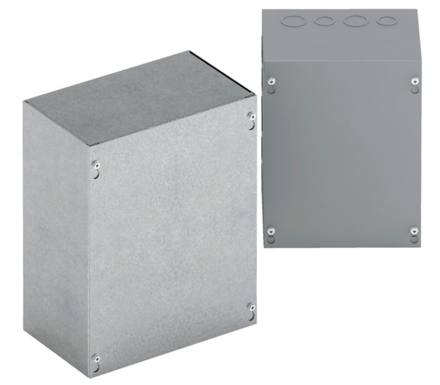 Type 1 junction boxes, 8" height, 4" length, 6" width, NEMA 1, Screw cover, SC enclosure, Surface mounted, Small single door, 4 side knockouts,3 top-bottom knockouts, Thru holes, Carbon steel