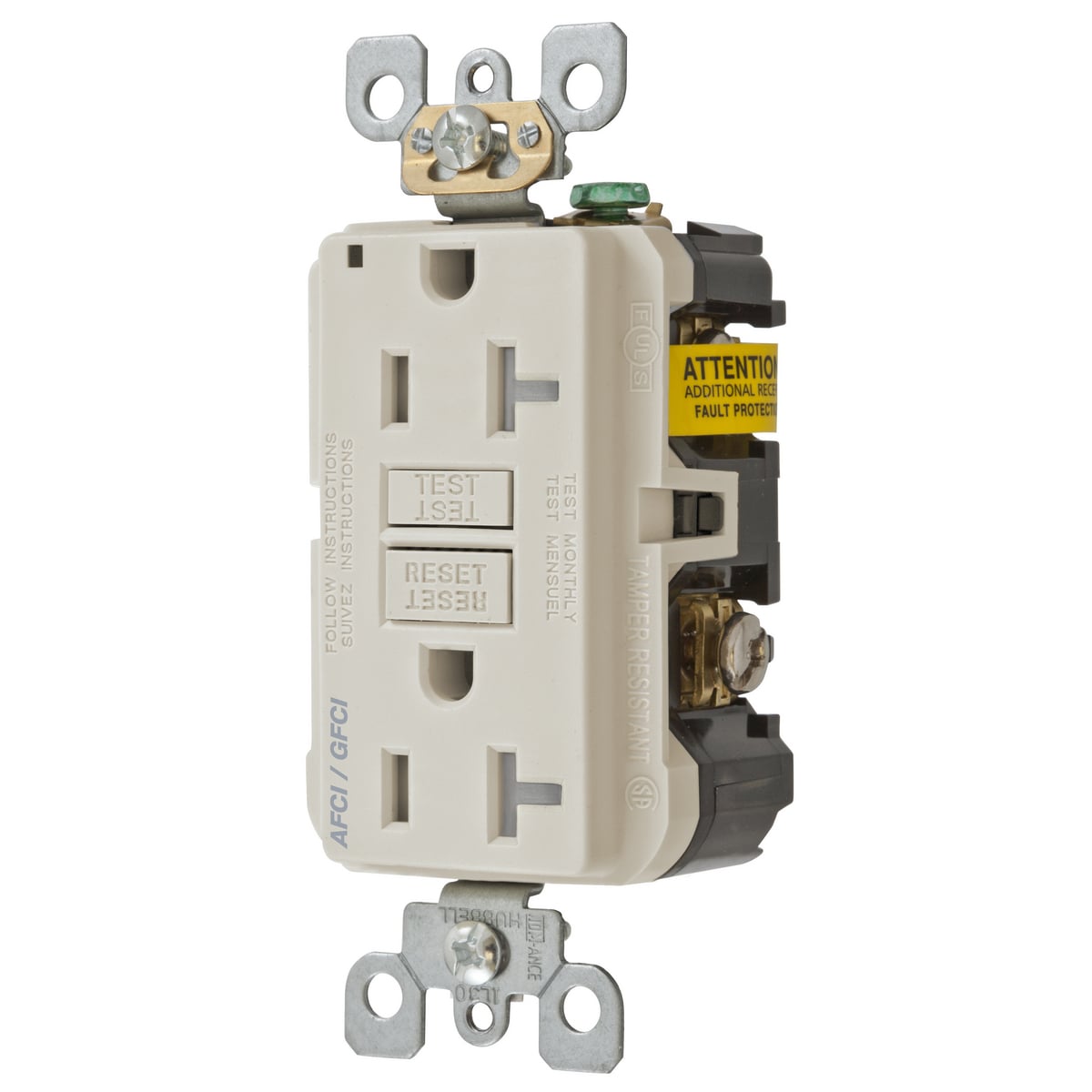 AFGF20TRLA 1-Phase Auto ground Clip Duplex Grounding Tamper Resistant Standard AFCI/GFCI Receptacle, 125 VAC, 15 A, 2 Poles, 3 Wires, Light Almond