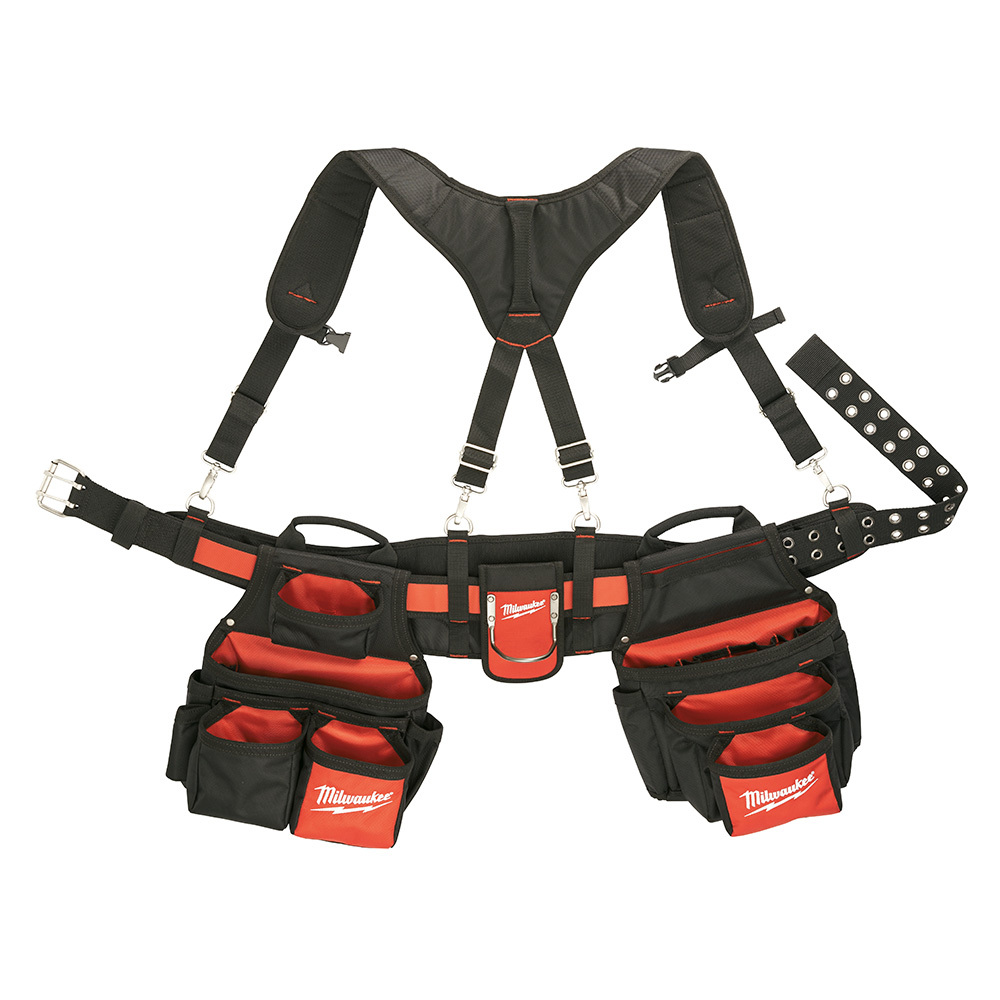 48-22-8120 Breathable Contractor Work Belt With Suspension Rig, 24 Pockets, Denier Nylon, Black/Red