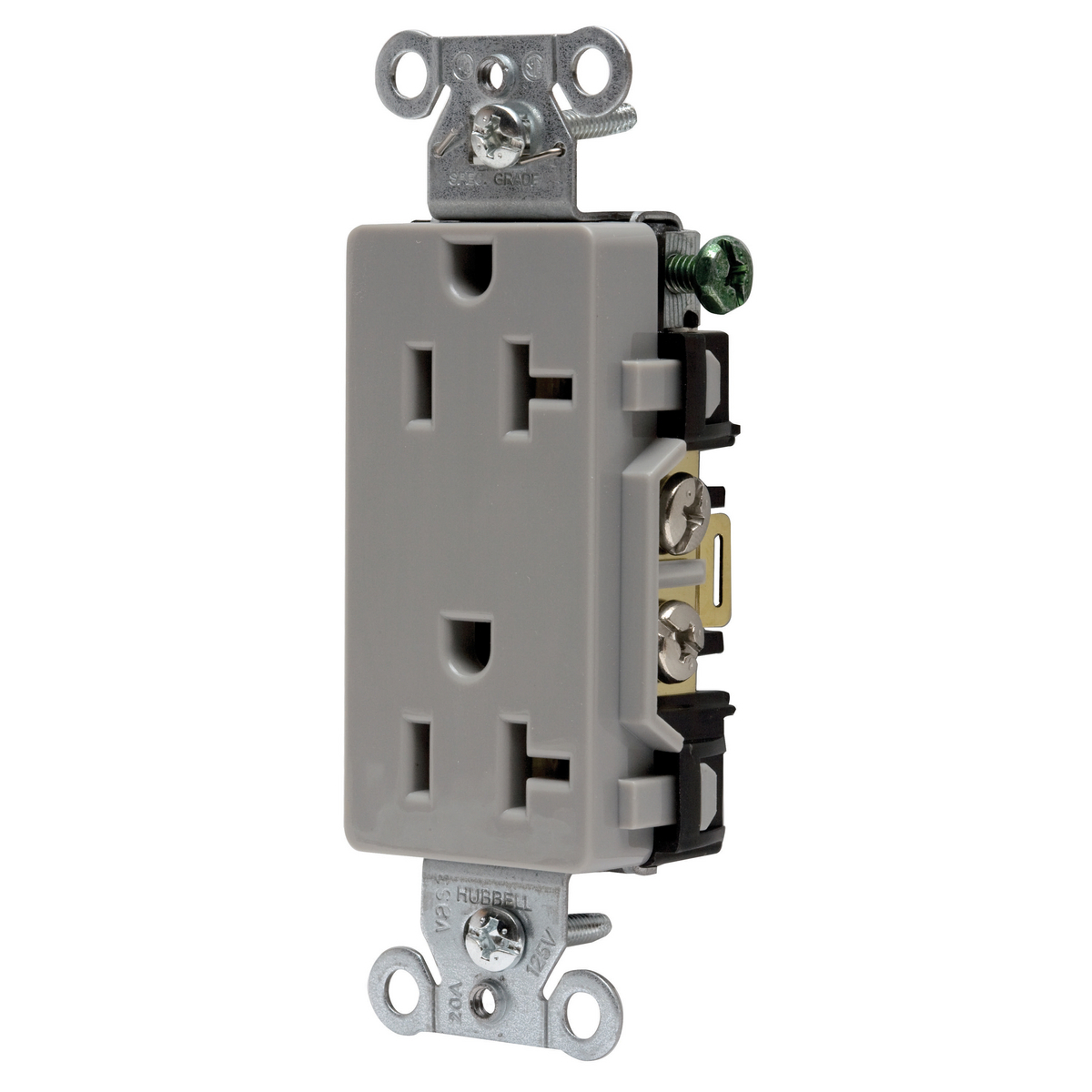 DR20GRY Decorator 1-Phase Duplex Self-Grounding Screw Mount Straight Blade Receptacle, 125 V AC, 20 A, 2 Poles, 3 Wires, Gray