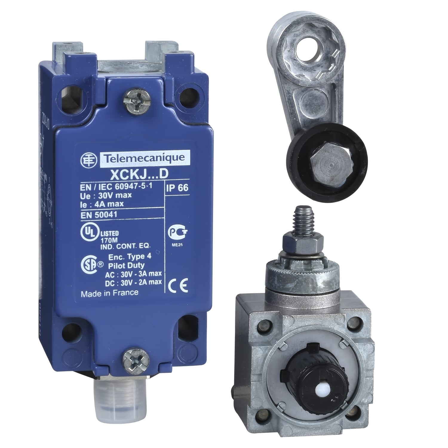 XCKJ10511D OsiSense Fixed Limit Switch, 240 V AC, 250 V DC V AC, 4 A, Spring Return Roller Lever Arm Actuator, 1NO-1NC Contact, 2 Poles
