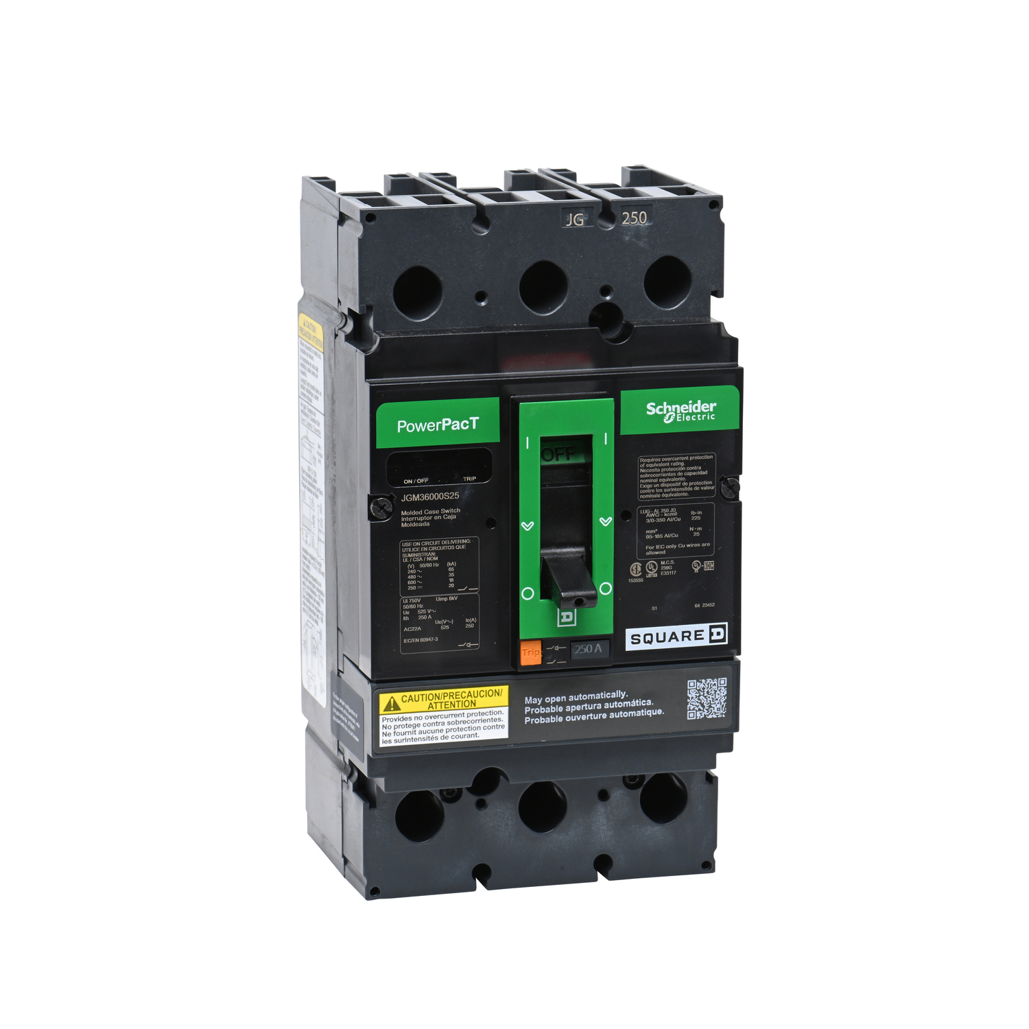 JGM36000S25 PowerPact Automatic J Molded Case Switch, 600 VAC, 250 VDC, 250 A, 18/20 kA Interrupt, 3 Poles, Magnetic Trip