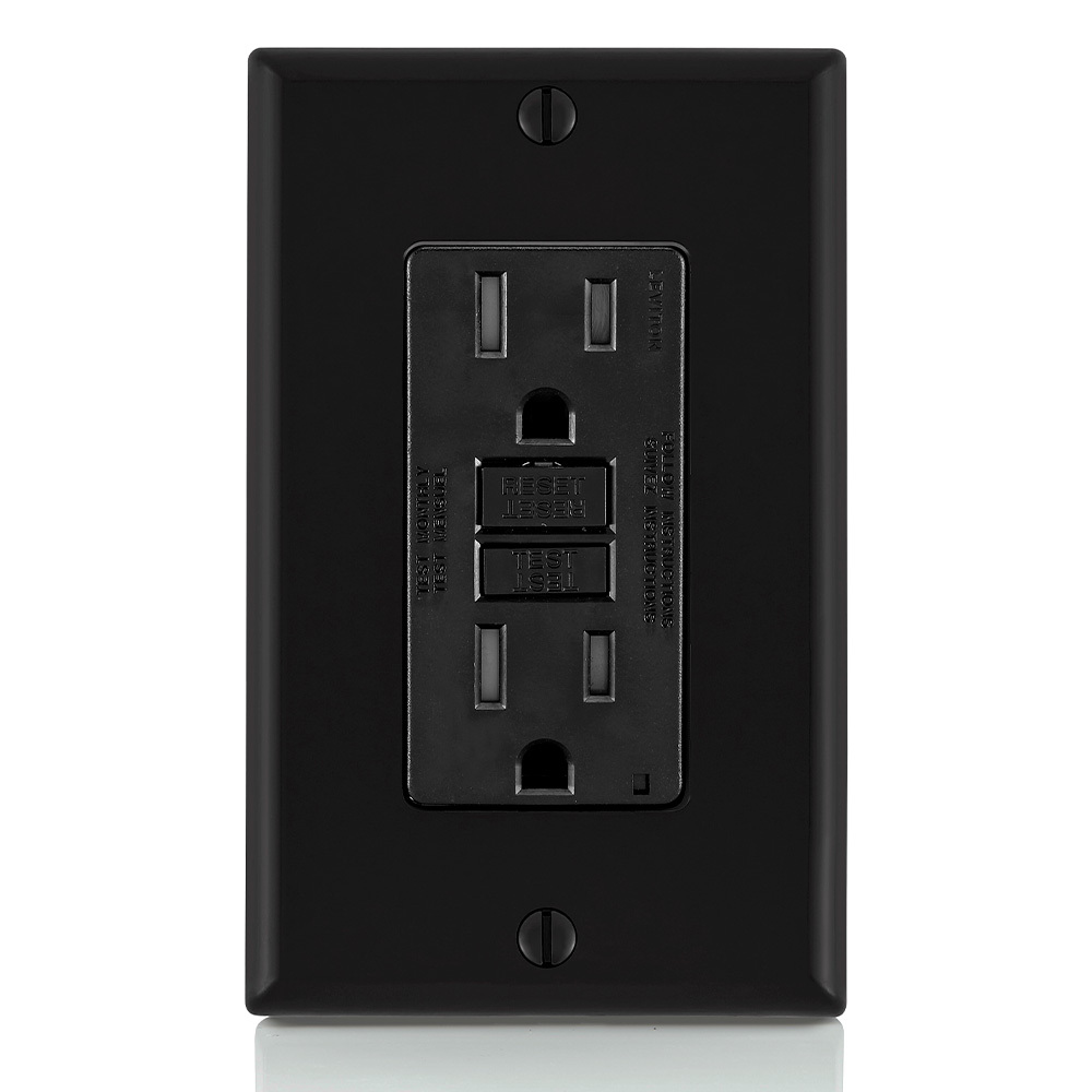 GFTR1-E Duplex Feed Through Self-Test Slim Standard Tamper Resistant GFCI Receptacle With Black Test, Reset Button, 125 V AC, 20 A, 2 Poles, 3 Wires, Black
