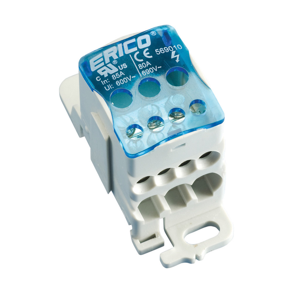 UD-80A ERI2 Distribution Block, 600 V AC, 1000 V AC/DC, 80/85 A, 1 Poles, (2) 16 to 14 AWG Wire, Copper/Thermoplastic