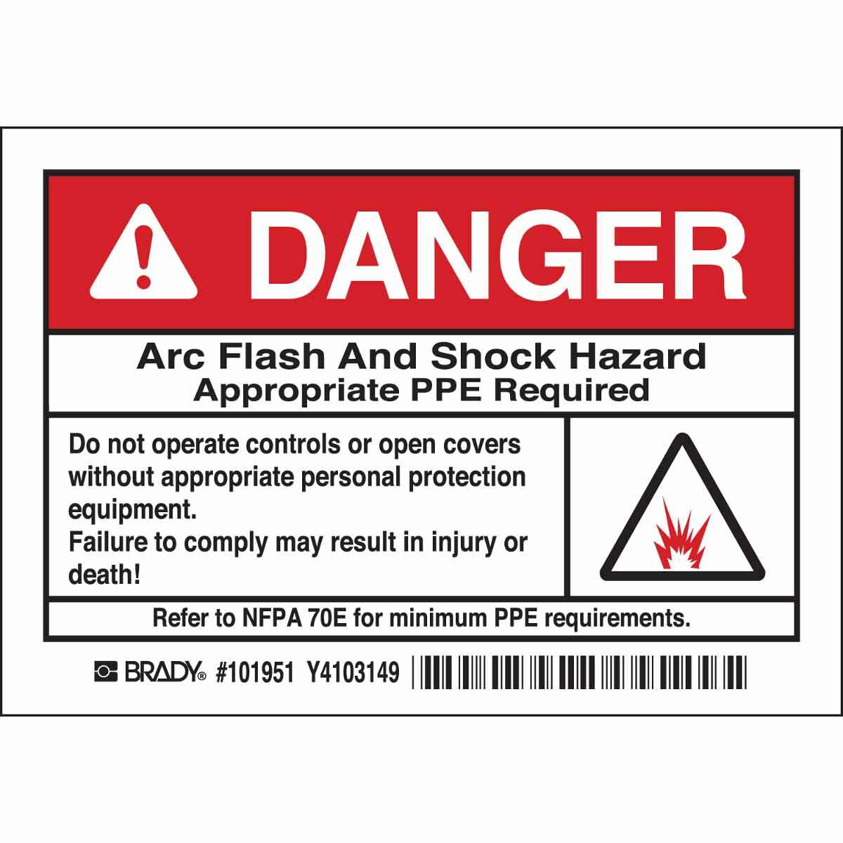 101951 High Performance Laminated Non-Reflective Rectangular Self-Adhesive Arc Flash Protection Label, 5 in W, Black/Red on White, B-302 Polyester, 5 per Pack Labels