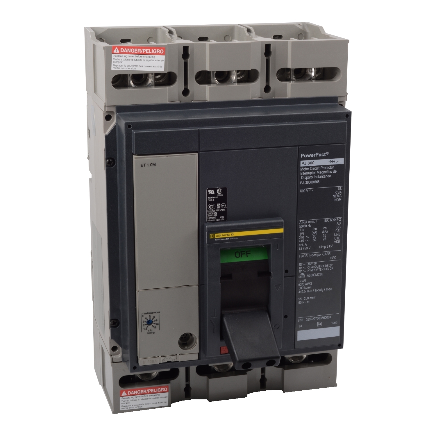 PJL36120CU44A PowerPact MasterPact Type PJL Molded Case Circuit Breaker, 600 V AC, 1200 A, 25/65/100 kA Interrupt, 3 Poles, Electronic Trip