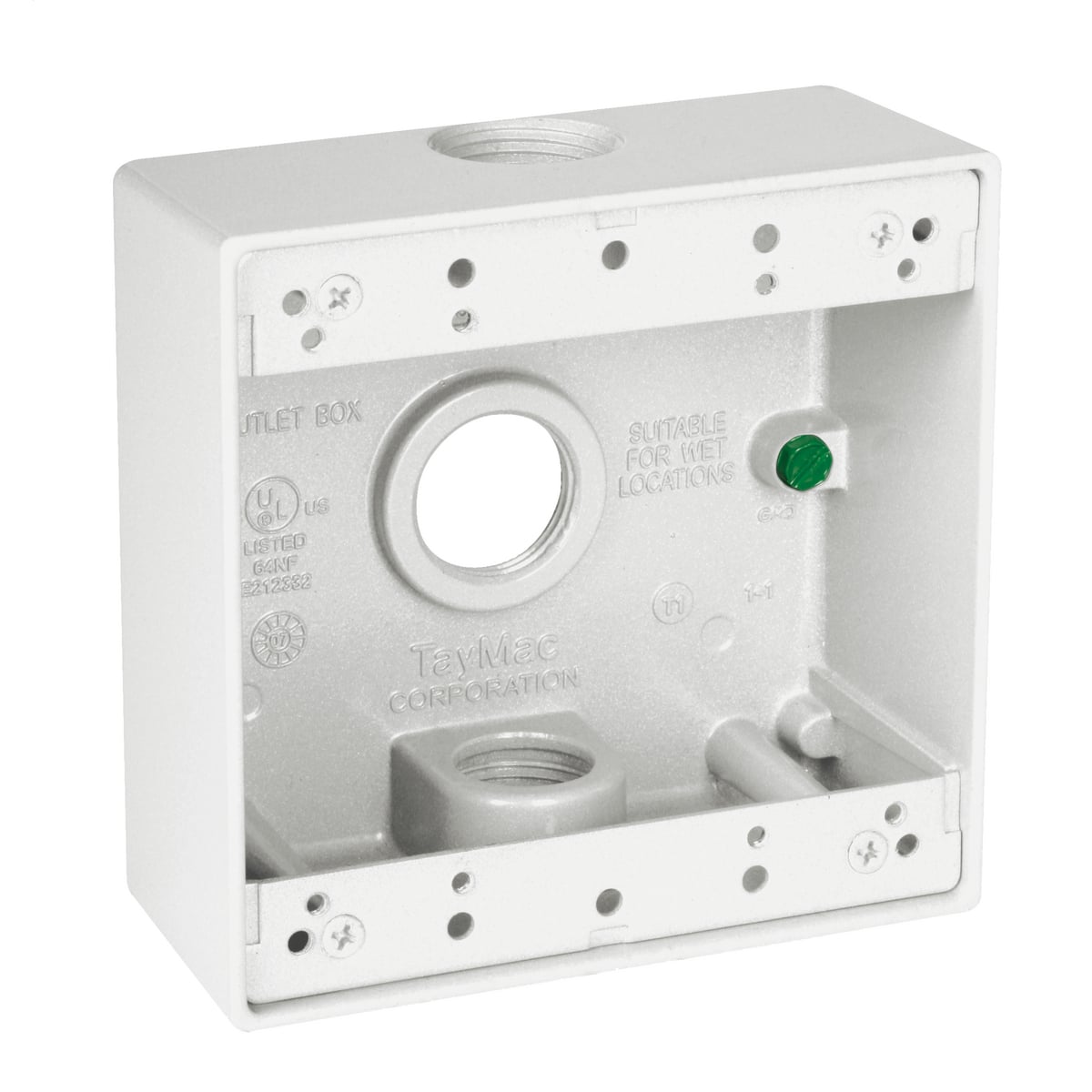DB375WH Weatherproof Outlet Box, Die Cast Metal, 32 cu-in Capacity, 2 Gangs, 3 Outlets, 4-1/2 in L x 4-1/2 in W x 2 in D