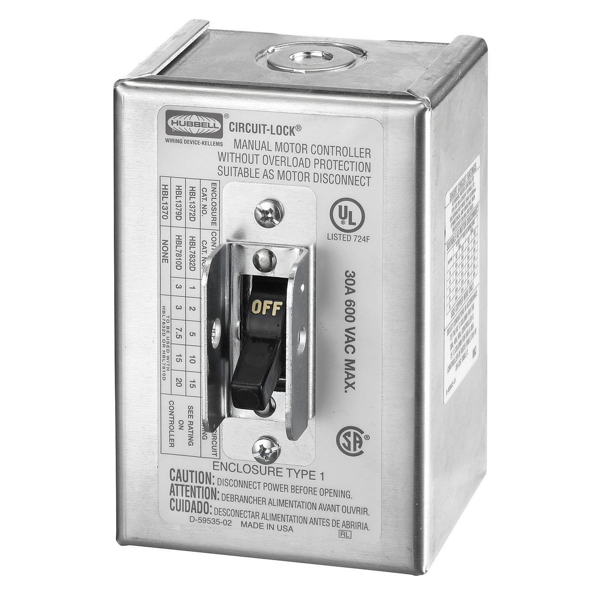HBL1379D Standard Disconnect Switch, 600 V, 30 A, 20 hp, 3 Poles