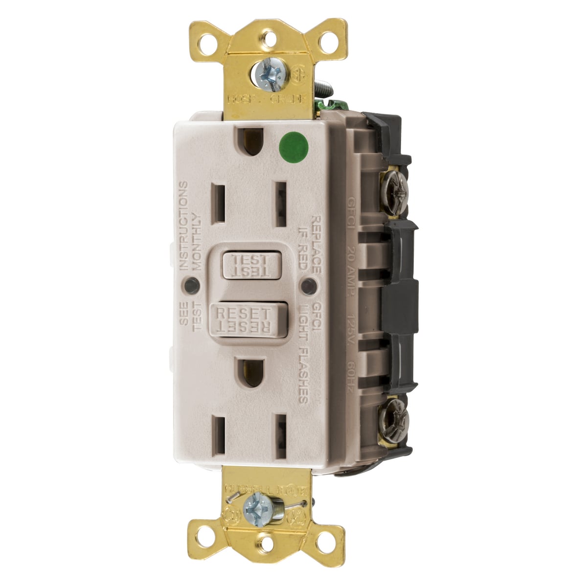 GFRST82LA Decorator Duplex Self-Test Standard Straight Blade GFCI Receptacle, 125 VAC, 15 A, 2 Poles, 3 Wires, Light Almond
