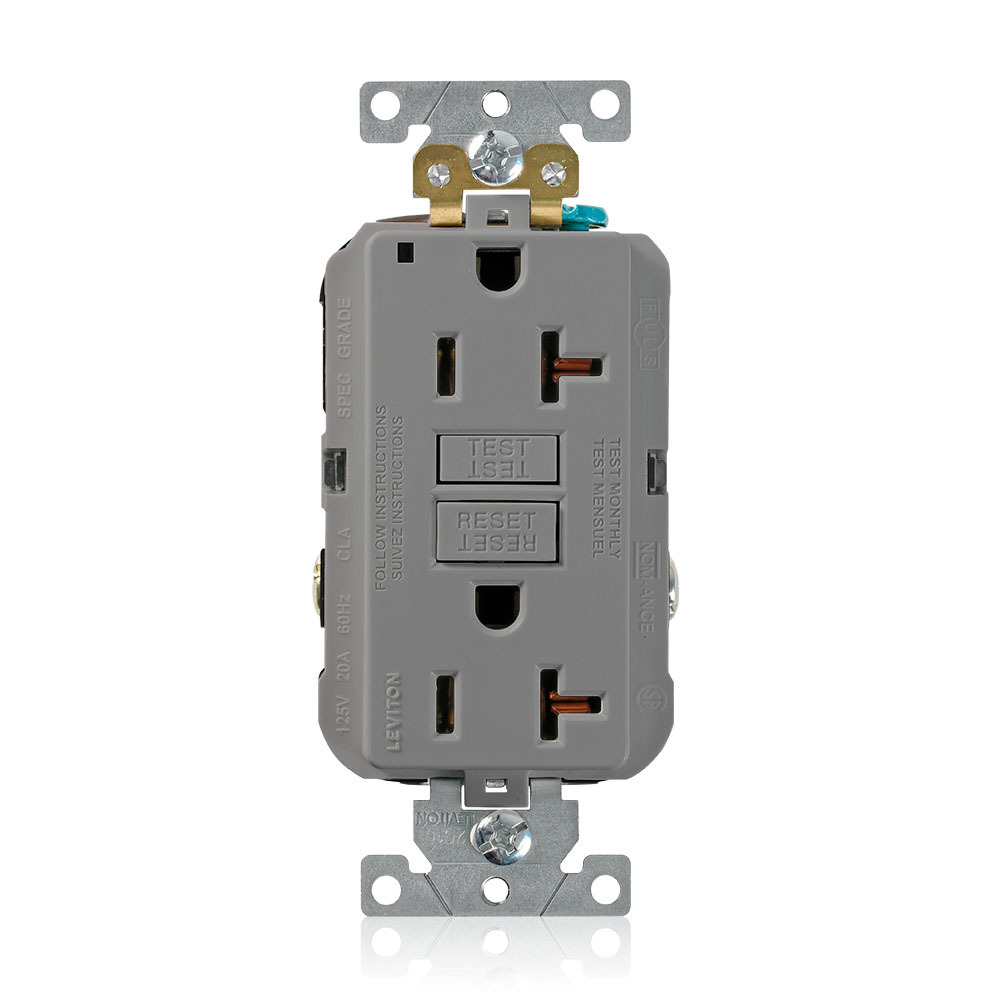 G5362-GY SmartlockPro Duplex Extra Heavy Duty Self-Test Self-Grounding Non-Tamper-Resistant GFCI Receptacle, 125 V AC, 20 A, 2 Poles, 3 Wires, Gray