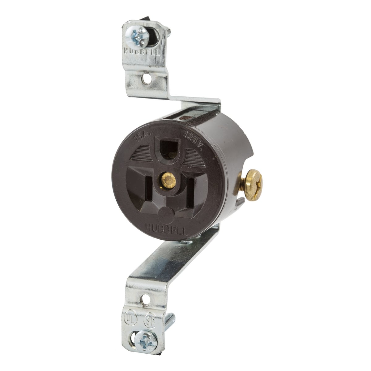 HBL5236M2 1-Phase Grounding Display Replacement Standard Straight Blade Receptacle With 0.06 in Brass Plate, Blank Flush Plug, 125 VAC, 15 A, 2 Poles, 3 Wires, Brown/Black