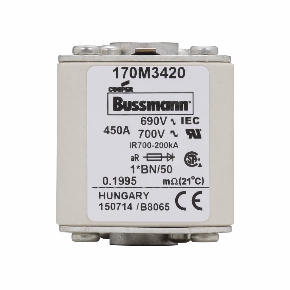 Eaton Bussmann series high speed square body fuse, 700V (UL), 690V (IEC), 450A, 200 kAIC, Top fuse status indicator, Fuse, Class aR, Flush - 170M3420