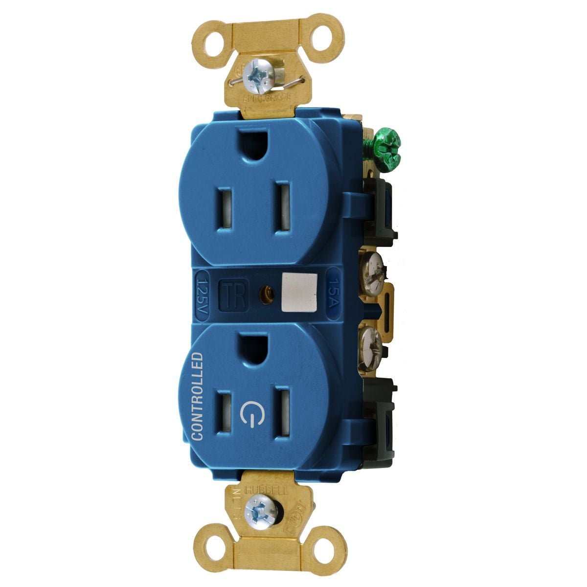 HBL5262C1BLTR 1-Controlled Face Duplex Grounding Split Circuit Hot Tab Tamper-Resistant Straight Blade Receptacle, 125 VAC, 15 A, Blue