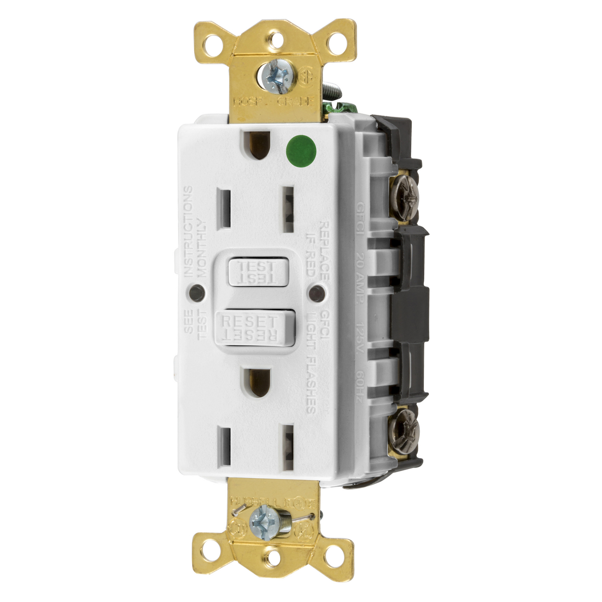 GFRST82W 1-Phase Decorator Duplex Self-Test Standard Straight Blade Screw Mount GFCI Receptacle, 125 VAC, 15 A, 2 Poles, 3 Wires, White