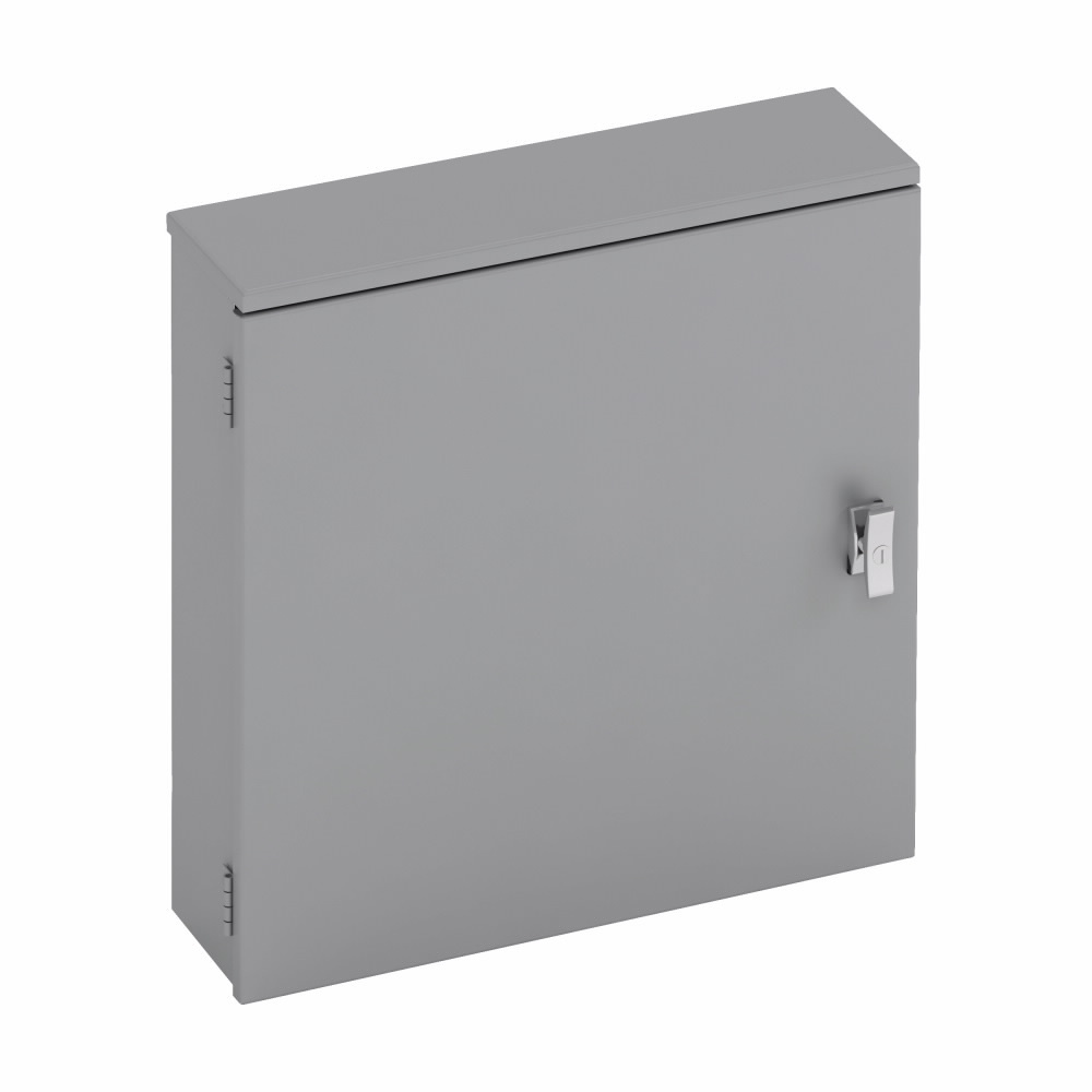 utility enclosures, 12" height, 6" length, 12" width, NEMA 3R, Hinged cover, RTC cabinet, Surface mounted, Small single door, 5 bottom knockouts, Embossed thru holes, Carbon steel
