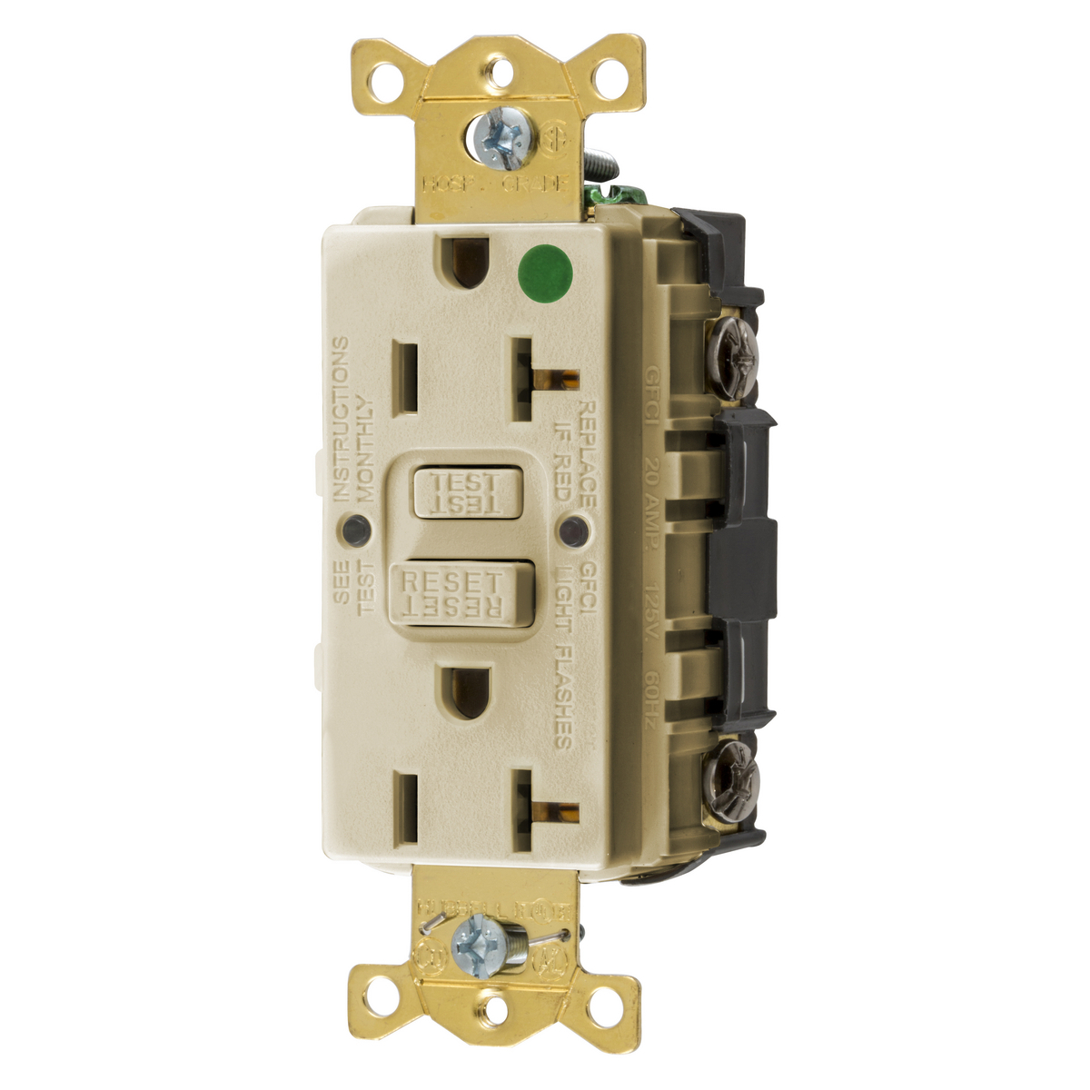 GFRST83I 1-Phase Decorator Duplex Self-Test Standard Screw Mount GFCI Receptacle, 125 VAC, 20 A, 2 Poles, 3 Wires, Ivory
