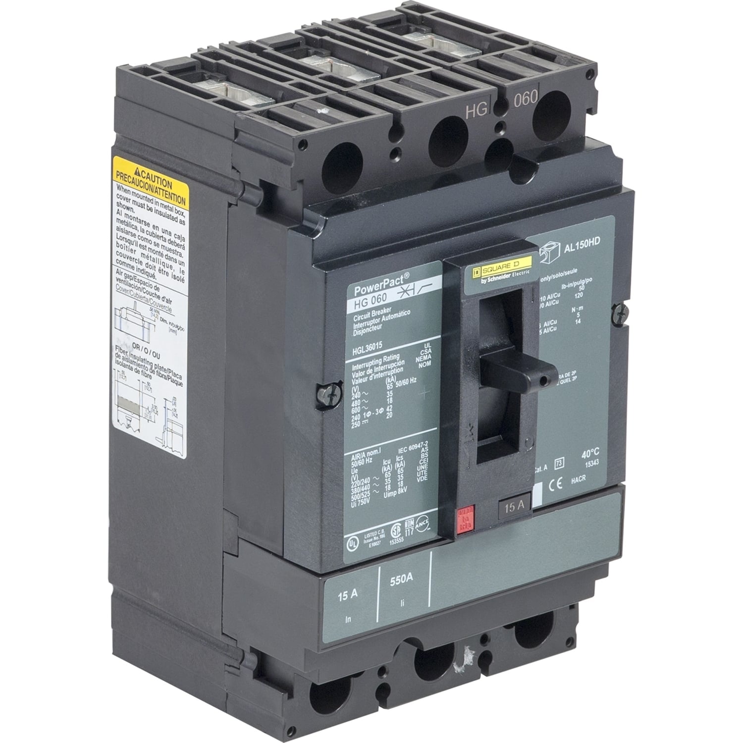 HGL36150SA I-Line PowerPact Molded Case Circuit Breaker, 600 V AC, 150 A, 65 kA at 240 V AC, 35 kA at 480 V AC, 18 kA at 600 V AC, 20 kA at 250/500 VDC Interrupt, 3 Poles, Thermal Magnetic Trip