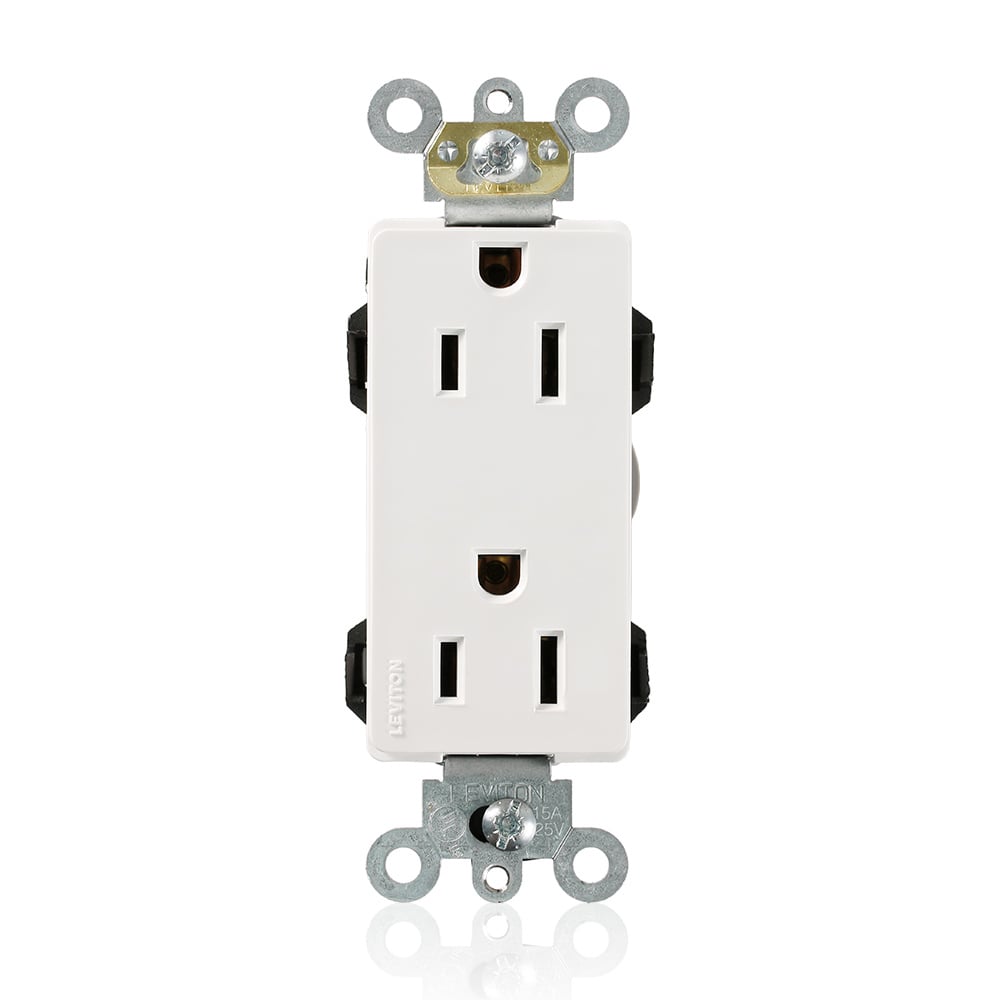 M1626-W Decora Plus Lev-Lok 1-Phase Duplex Heavy Duty Self-Grounding Straight Blade Receptacle, 125 V AC, 15 A, 2 Poles, 3 Wires, White