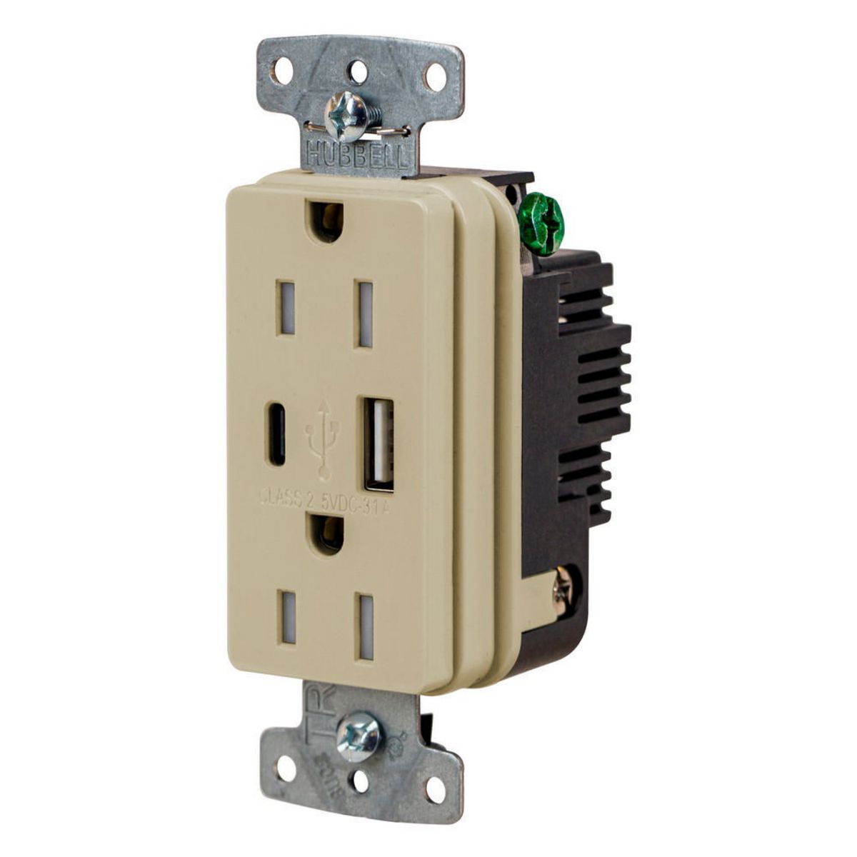USB15ACI Hubbell-PRO Line Decorator Style USB Charger Duplex Receptacle, 15 A 125 V AC, 1 Phase, 2 Poles, 3 Wires, Ivory