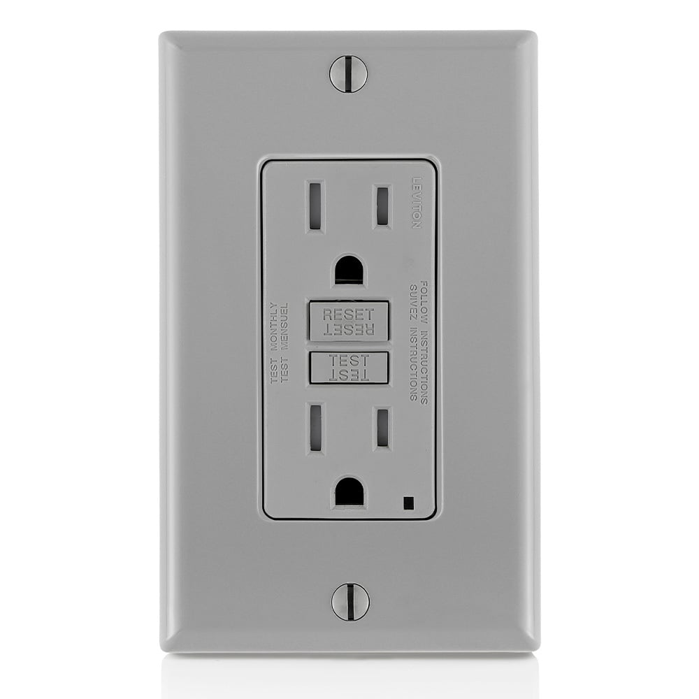 GFTR1-GY Duplex Feed Through Self-Test Slim Standard Tamper Resistant GFCI Receptacle With Gray Test, Reset Button, 125 V AC, 20 A, 2 Poles, 3 Wires, Gray