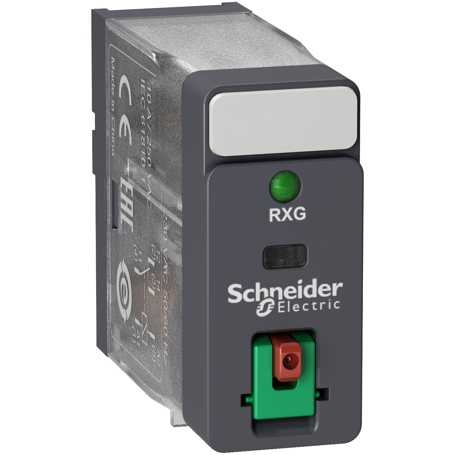 RXG12B7 Zelio Interface Plug-In Relay With Test Button and Lock-Down Door, 10 A, 1CO 1 Form C SPDT Contact, 24 VAC V Coil