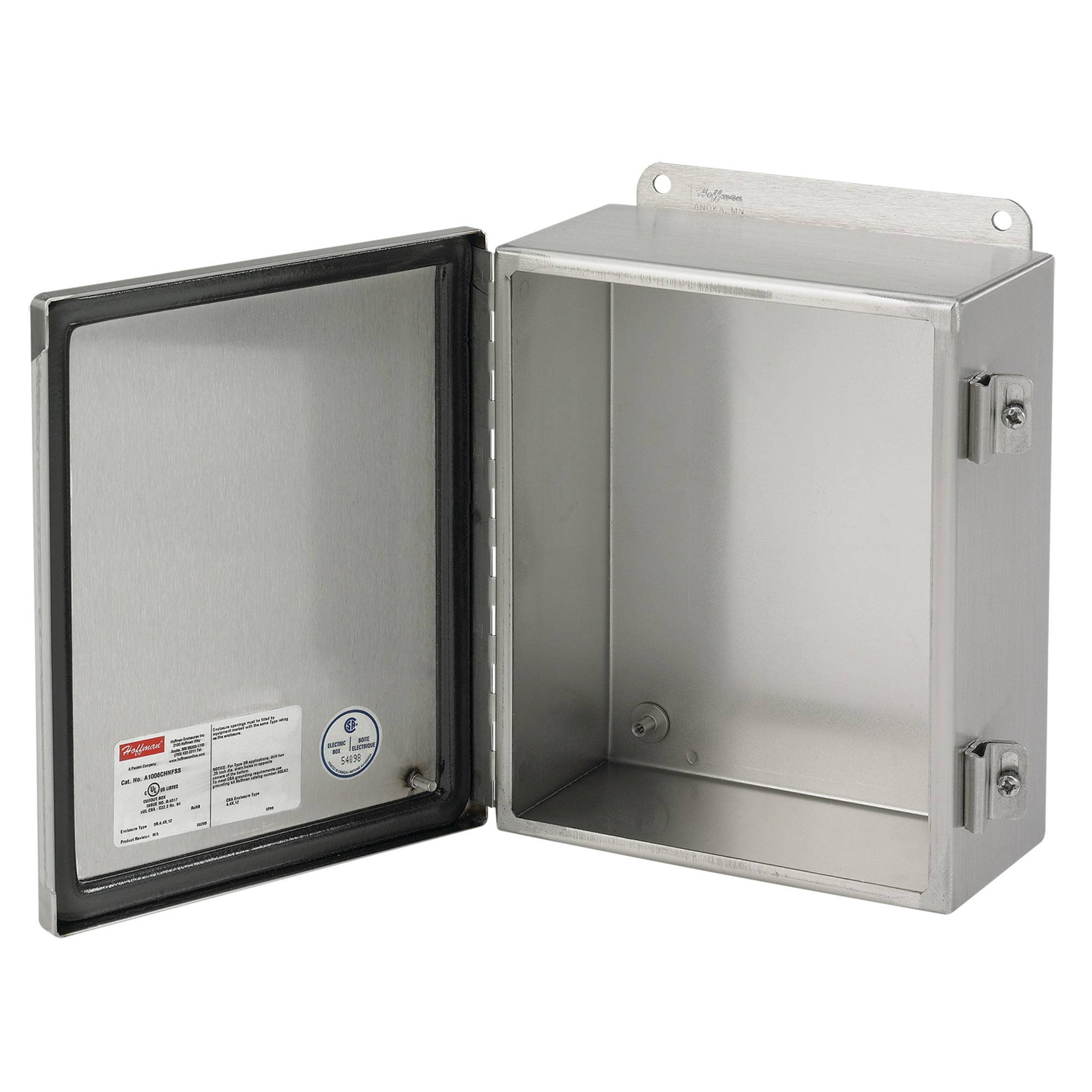 A8064CHNFSS Junction Box, 8 in H x 6 in W x 4 in D, Continuous Hinged/Screw Clamp Cover, NEMA 4X/IP66 NEMA Rating, 304 Stainless Steel
