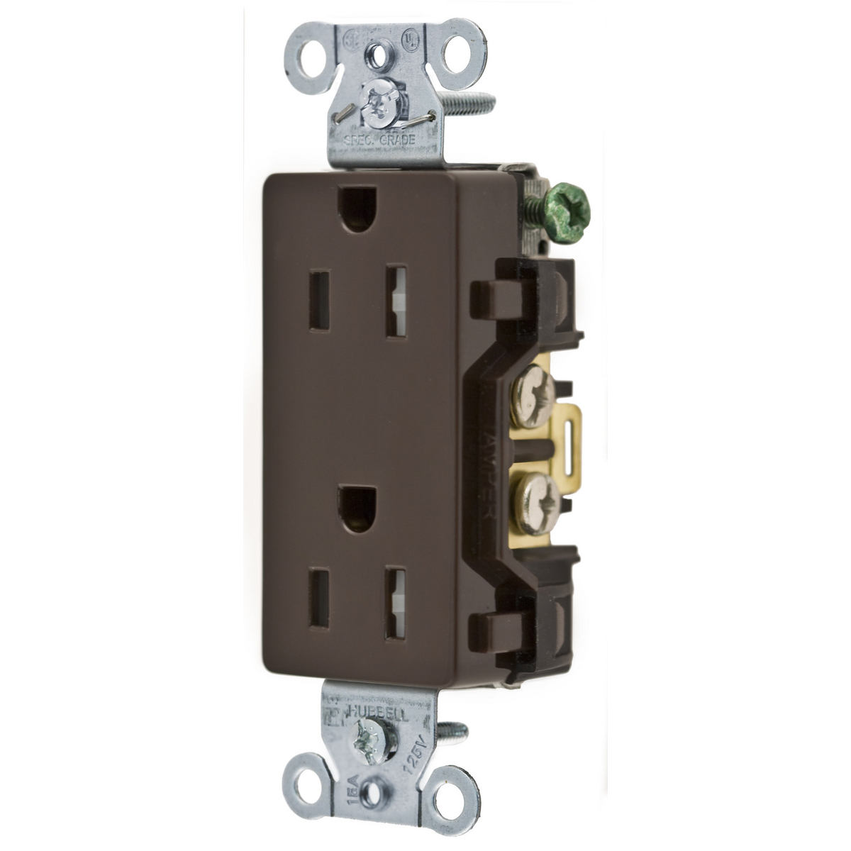 DR15TR 1-Phase Decorator Duplex Self-Grounding Standard Tamper Resistant Screw Mount Straight Blade Receptacle, 125 VAC, 15 A, 2 Poles, 3 Wires, Brown