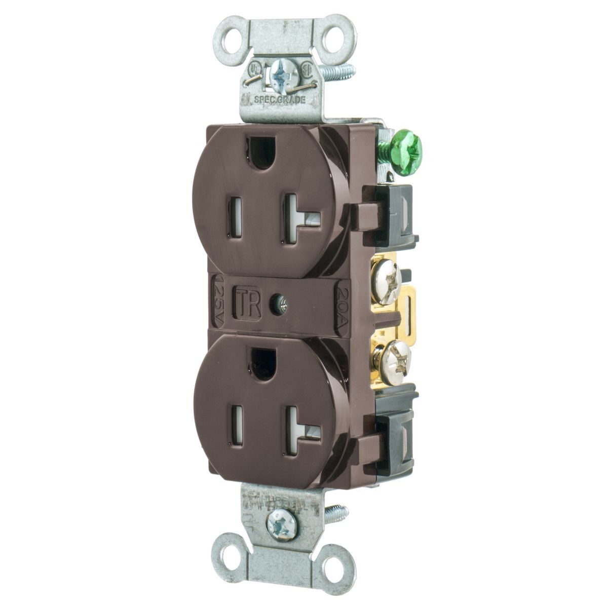 5352BTR 1-Phase Duplex Heavy Duty Self-Grounding Standard Tamper-Resistant Screw Mount Straight Blade Receptacle, 125 VAC, 20 A, 2 Poles, 3 Wires, Brown