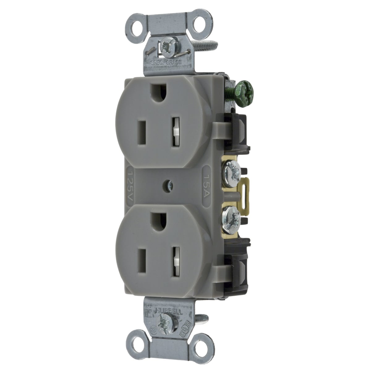 BR15GRYTR 1-Phase Duplex Self-Grounding Standard Tamper Resistant Traditional Screw Mount Straight Blade Receptacle, 125 V AC, 15 A, 2 Poles, 3 Wires, Gray
