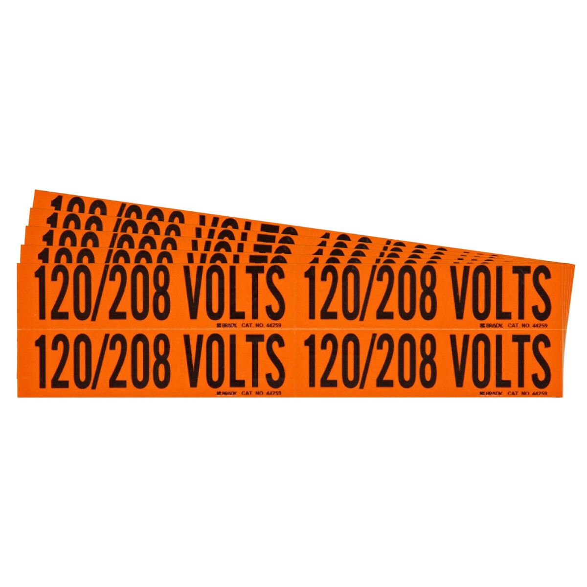 152350 CleanLift Repositionable Rectangle Self-Adhesive Style B Conduit and Voltage Label, 4-1/8 in W, 120/208 VOLTS Legend, Black Legend, Orange Background, B-498 Vinyl Cloth