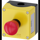 Enclosure for command devices, 22mm, round, enclosure material plastic, enclosure top part yellow, 1 command point plastic, command point at center, a=em. stopmush. pushb. red, 40mm, rotate to unlatch, 1NC, screw terminal, base mounting