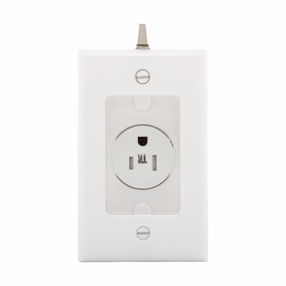 Eaton commercial specification grade single receptacle, #14-10 AWG, 15A, Commercial, Recessed, 125V, Side wire, White, Brass, Impact-resistant thermoplastic face and back body, 5-15R, Single, Screw, Thermoplastic, Retail Box