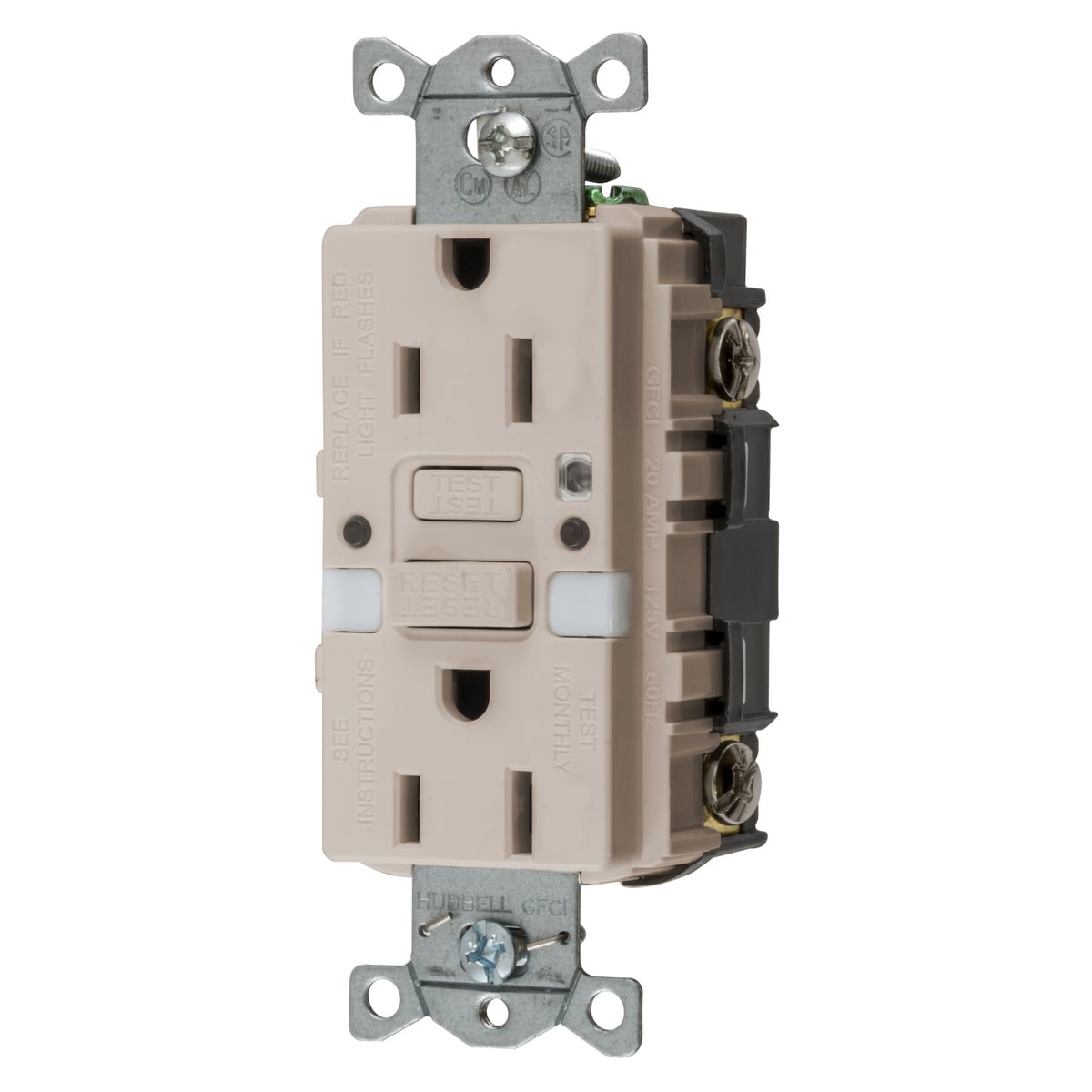 GFRST15LANL Decorator Duplex Grounding Heavy Duty Standard Self-Test Straight Blade GFCI Receptacle With Two LED Nightlight, 125 V AC, 15 A, 2 Poles, 3 Wires, Light Almond