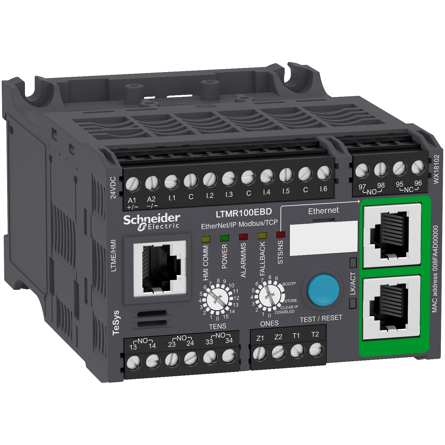 LTMR100EBD TeSys LTMR Motor Controller With Modbus TCP/ETHERNET/IP Communication Port, 7 mA, 5 A at 250 V AC/5 A at 30 V DC