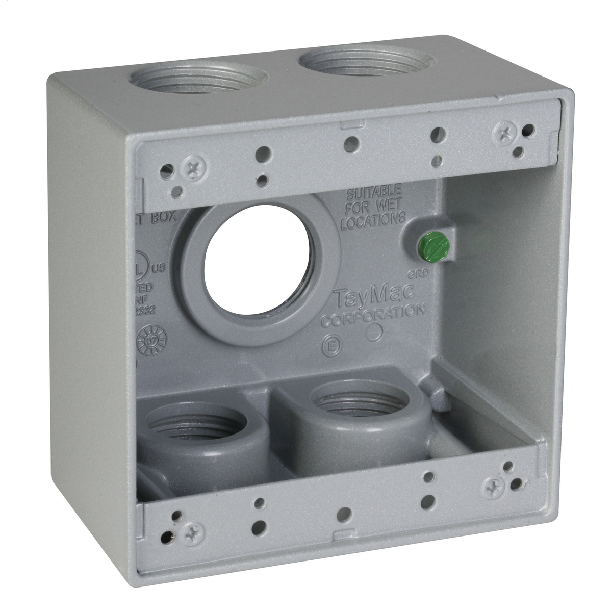 DB5100S Weatherproof Outlet Box, Die Cast Metal, 2 Gangs, 5 Outlets, 4-1/2 in L x 4-1/2 in W x 2 in D