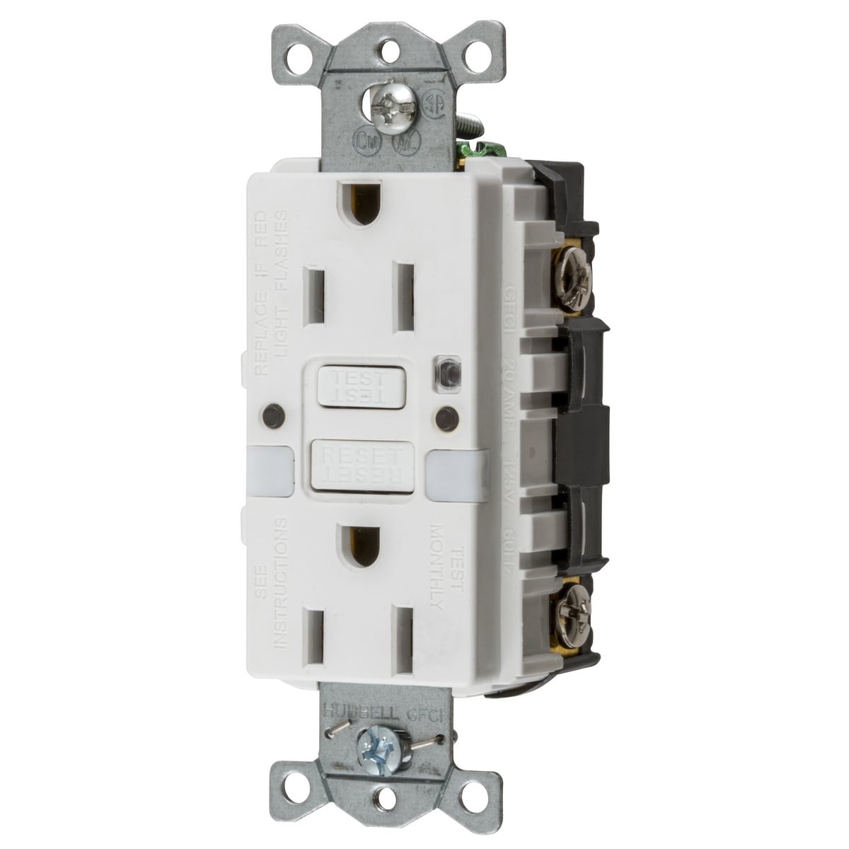 GFRST15WNL 1-Phase Decorator Duplex Grounding Heavy Duty Standard Self-Test Straight Blade Screw Mount GFCI Receptacle With Two LED Nightlight, 125 V AC, 15 A, 2 Poles, 3 Wires, White
