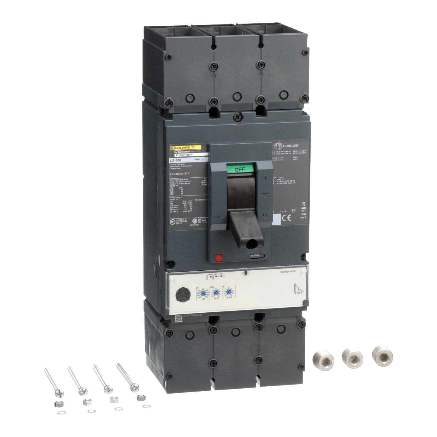 LGL36600U33X PowerPact Standard L Molded Case Circuit Breaker, 600 V AC, 600 A, 65 kA at 240 V AC/35 kA at 480 V AC/18 kA at 600 V AC Interrupt, 3 Poles, Electronic Trip