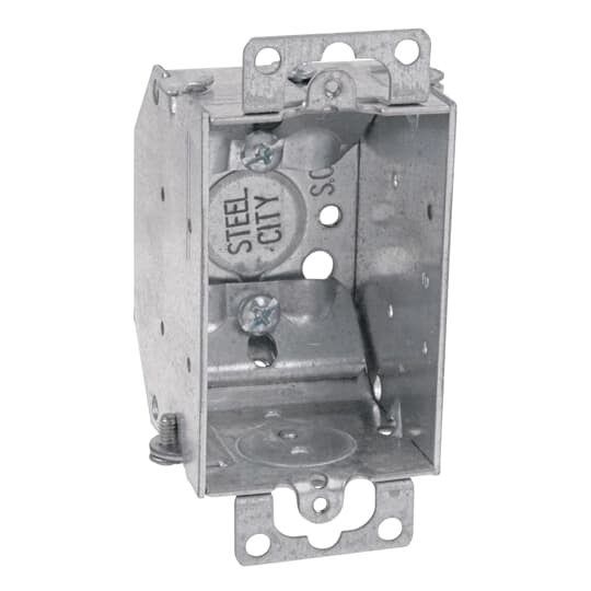 LCNOW-25 Steel City Gangable Beveled Corner Switch Box With Knockout, Steel, 10.5 cu-in Capacity, 1 Gangs, 1 Outlets, 4 Knockouts, 2 in W x 2-1/4 in D x 3 in H