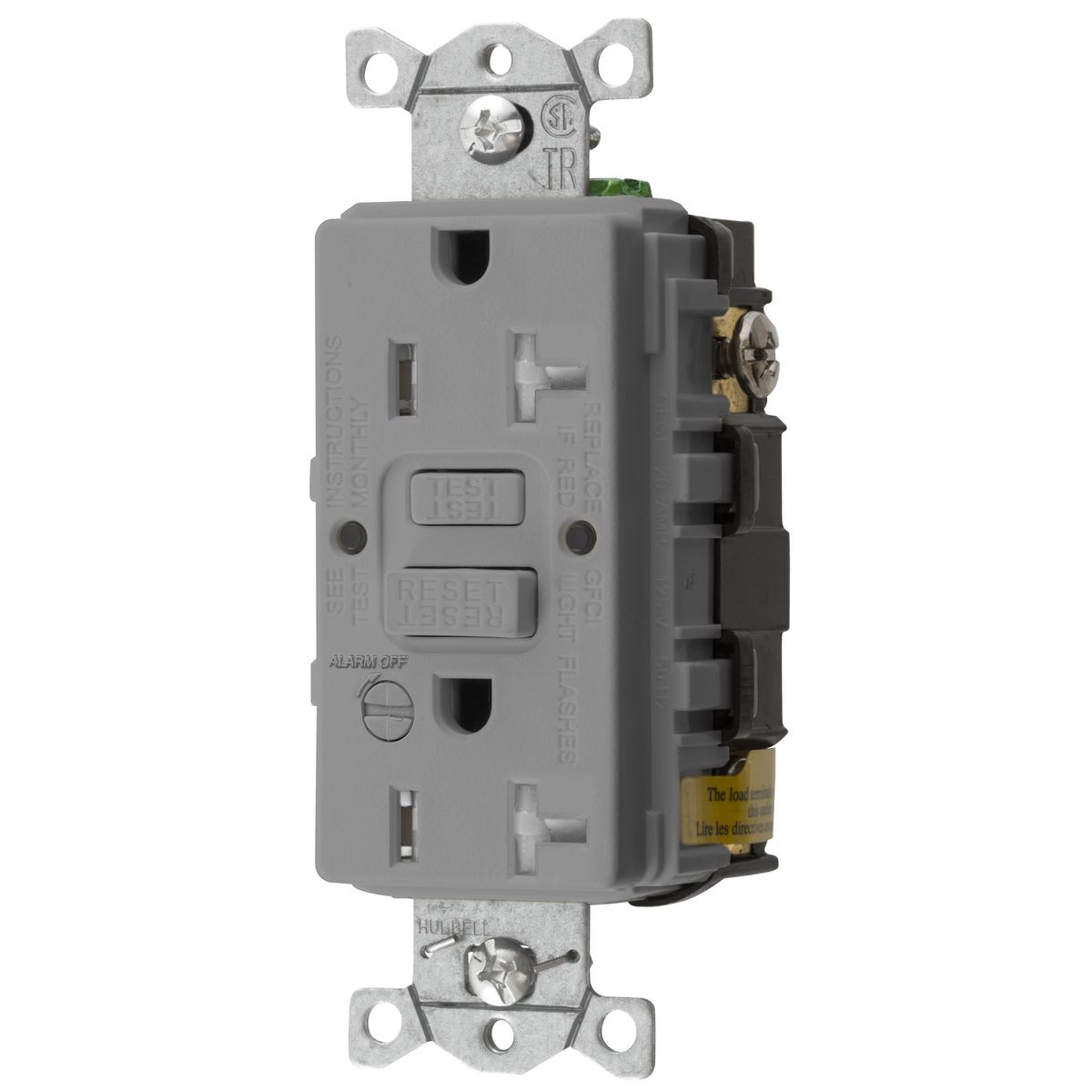GFTRST20GYB Heavy Duty Standard Self-Test Tamper Resistant GFCI Receptacle With Alarm, 125 VAC, 20 A, 2 Poles, 3 Wires, Gray