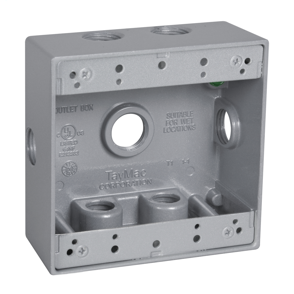 DB750XS X-Pattern Weatherproof Outlet Box With Side Lugs, Die Cast Metal, 32 cu-in Capacity, 2 Gangs, 7 Outlets, 4-1/2 in L x 4-1/2 in W x 2 in D