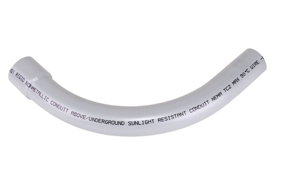078593 Bell End x Spigot Standard Radius 99 Conduit Elbow, 2 in Trade, 90 deg, PVC