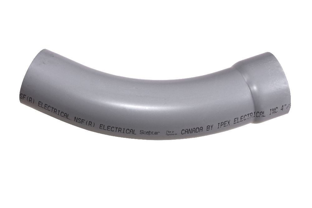 078609 Bell End x Spigot Standard Radius 99 Conduit Elbow, 4 in Trade, 45 deg, PVC