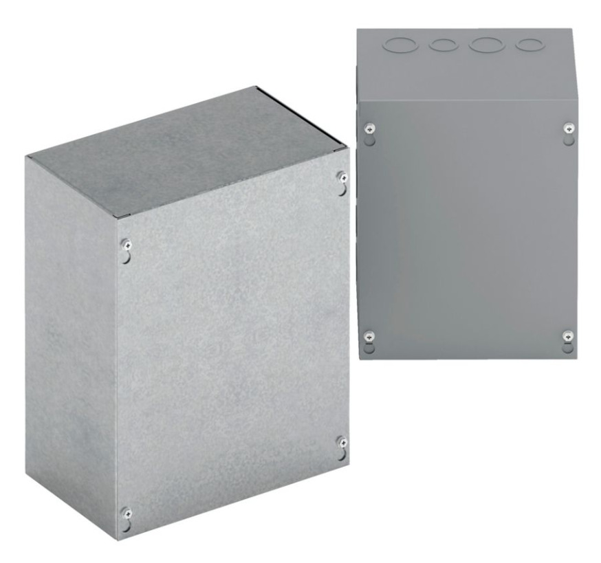 Type 1 junction boxes, 12" height, 12" length, 12" width, NEMA 1, Screw cover, SC NK enclosure, Surface mounted, Small single door, No knockout, Thru holes, Carbon steel
