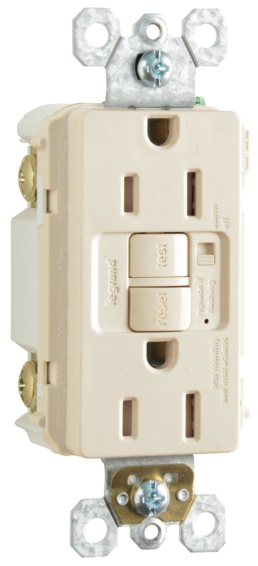 1597TRALA radiant 15 Amp Duplex GFCI Receptacles with Audible Alarm and SafeLock Protection, Light Almond